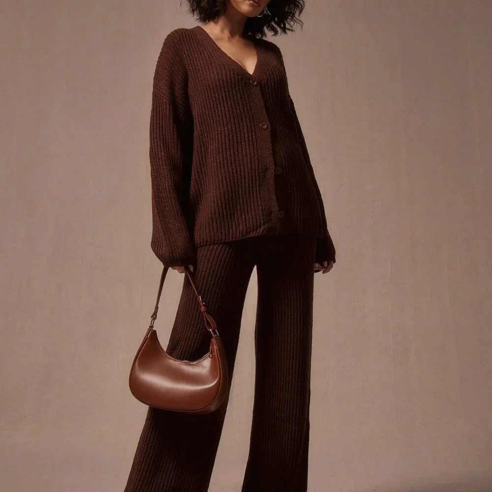 Chocolate Brown Casual Women's Wide Leg Chunky Knit Sweater Trousers - Picture 1 of 5